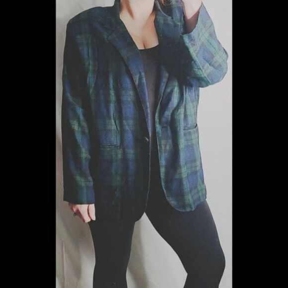 Vintage 90s Dark Green Navy Plaid Grunge Oversized Blazer Size 18/20 XXXL - Picture 2 of 12